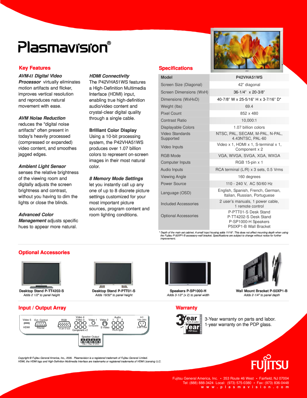 Fujitsu P42VHA51WS manual Key Features, Specifications, Optional Accessories, Input / Output Array, Warranty 