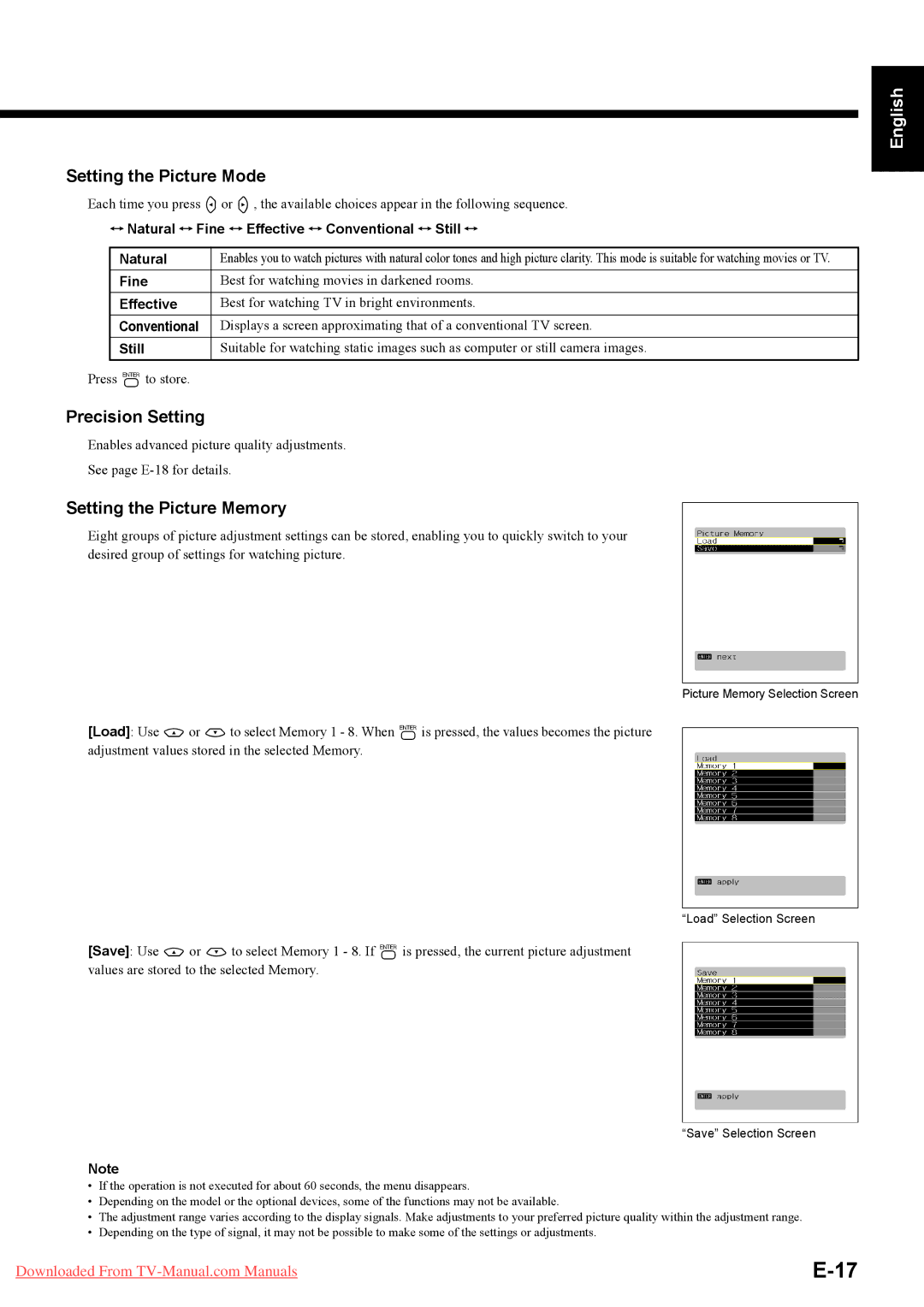 Fujitsu P50XHA58E, P42XHA58E user manual Setting the Picture Mode, Precision Setting, Setting the Picture Memory 