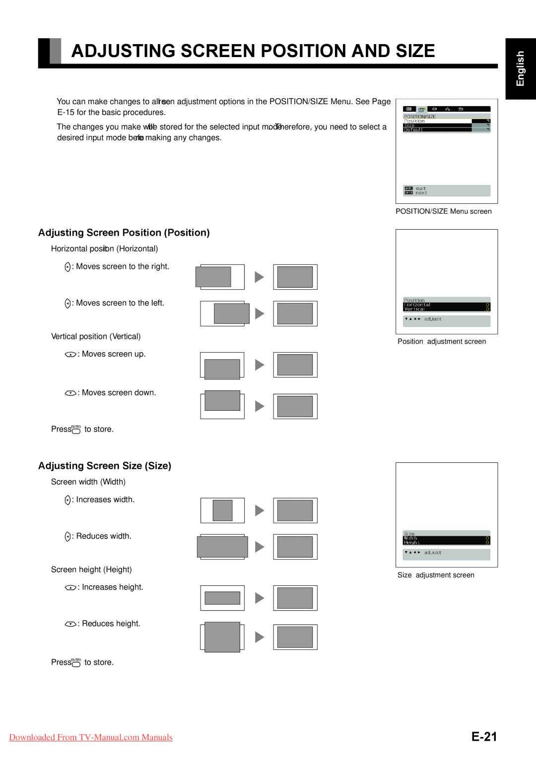 Fujitsu P50XHA58E Adjusting Screen Position and Size, Adjusting Screen Position Position, Adjusting Screen Size Size 