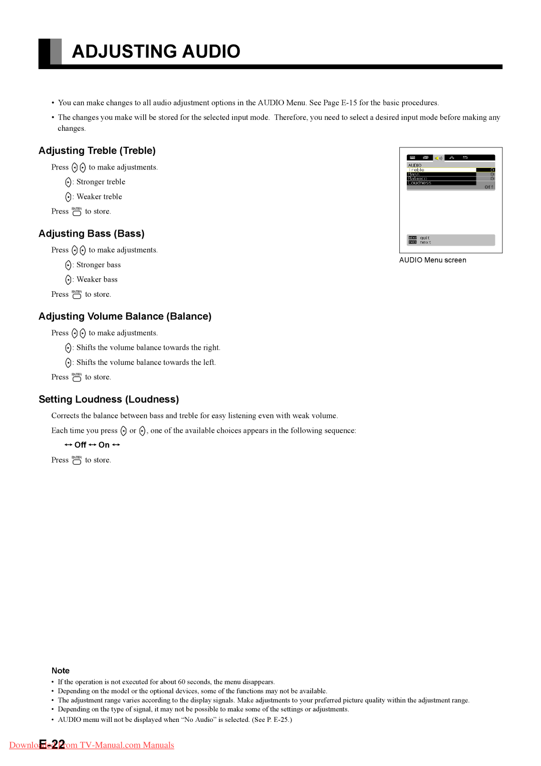 Fujitsu P42XHA58E Adjusting Audio, Adjusting Treble Treble, Adjusting Bass Bass, Adjusting Volume Balance Balance 