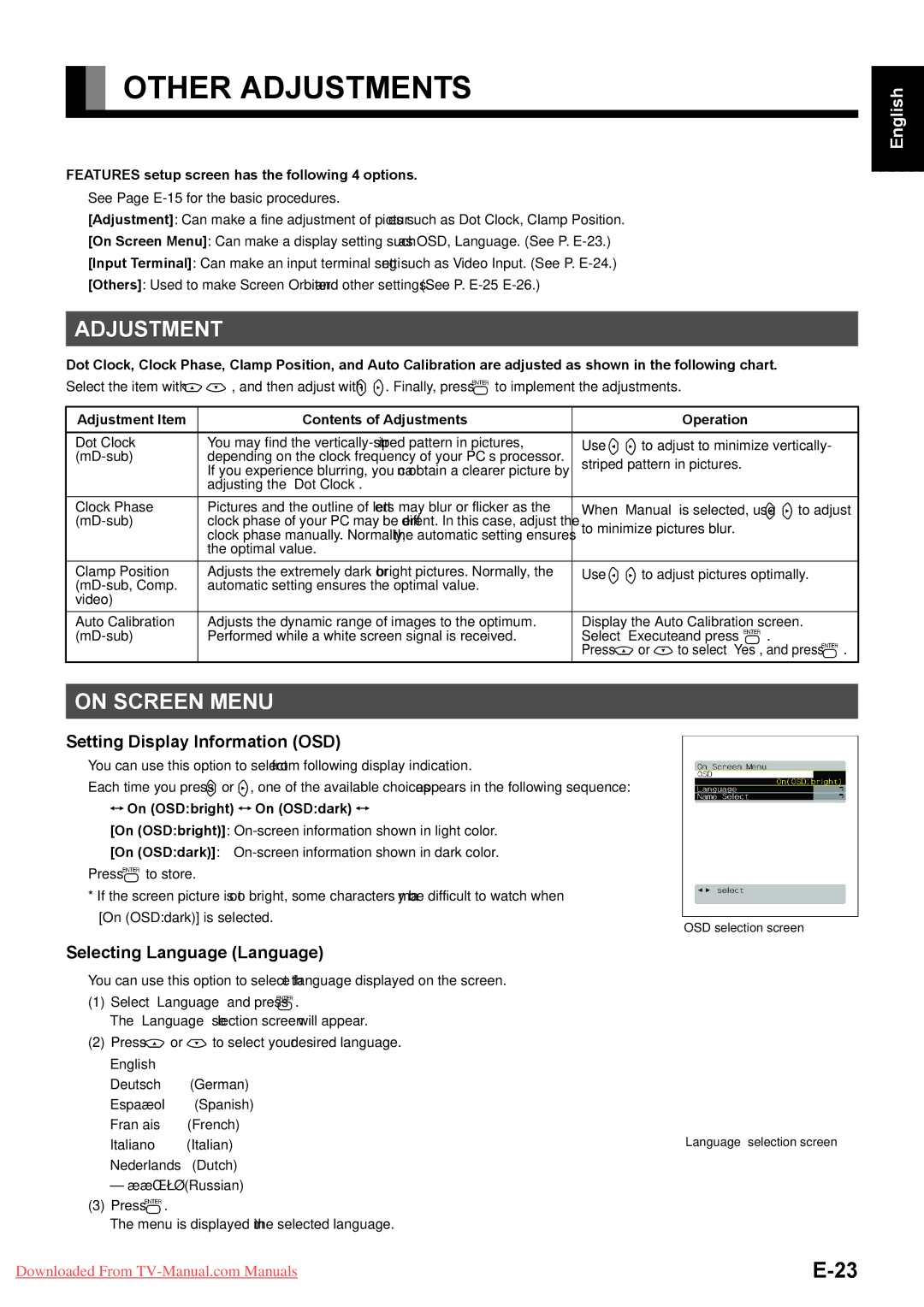 Fujitsu P50XHA58E Other Adjustments, On Screen Menu, Setting Display Information OSD, Selecting Language Language 