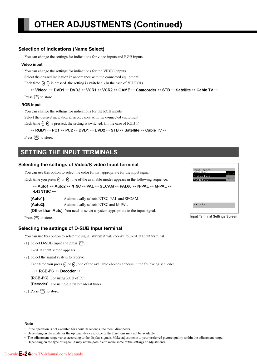 Fujitsu P42XHA58E, P50XHA58E user manual Setting the Input Terminals, Selection of indications Name Select 