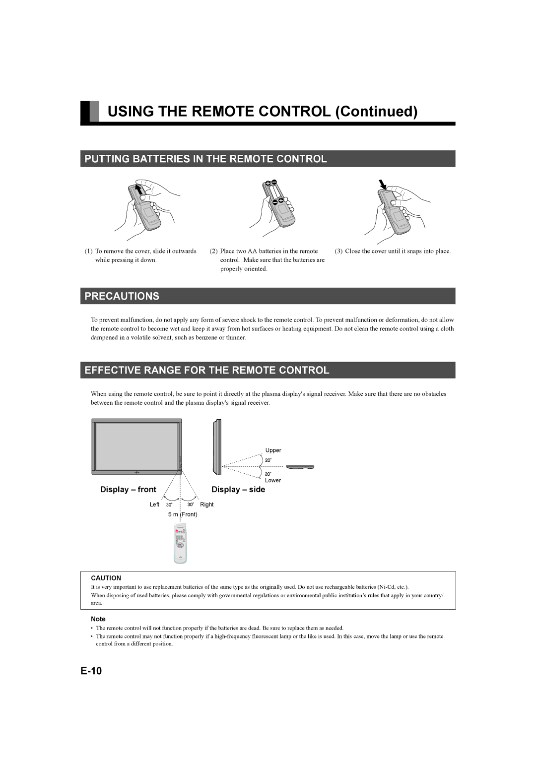 Fujitsu P42XHA58E, P50XHA58E Putting Batteries in the Remote Control, Precautions, Effective Range for the Remote Control 