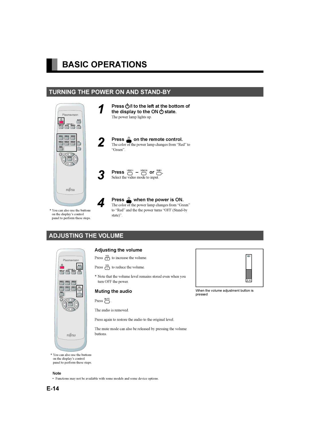 Fujitsu P42XHA58E, P50XHA58E user manual Basic Operations, Turning the Power on and STAND-BY, Adjusting the Volume 