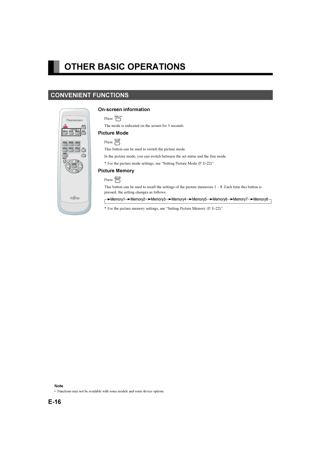 Fujitsu P42XHA58E Other Basic Operations, Convenient Functions, On-screen information, Picture Mode, Picture Memory 