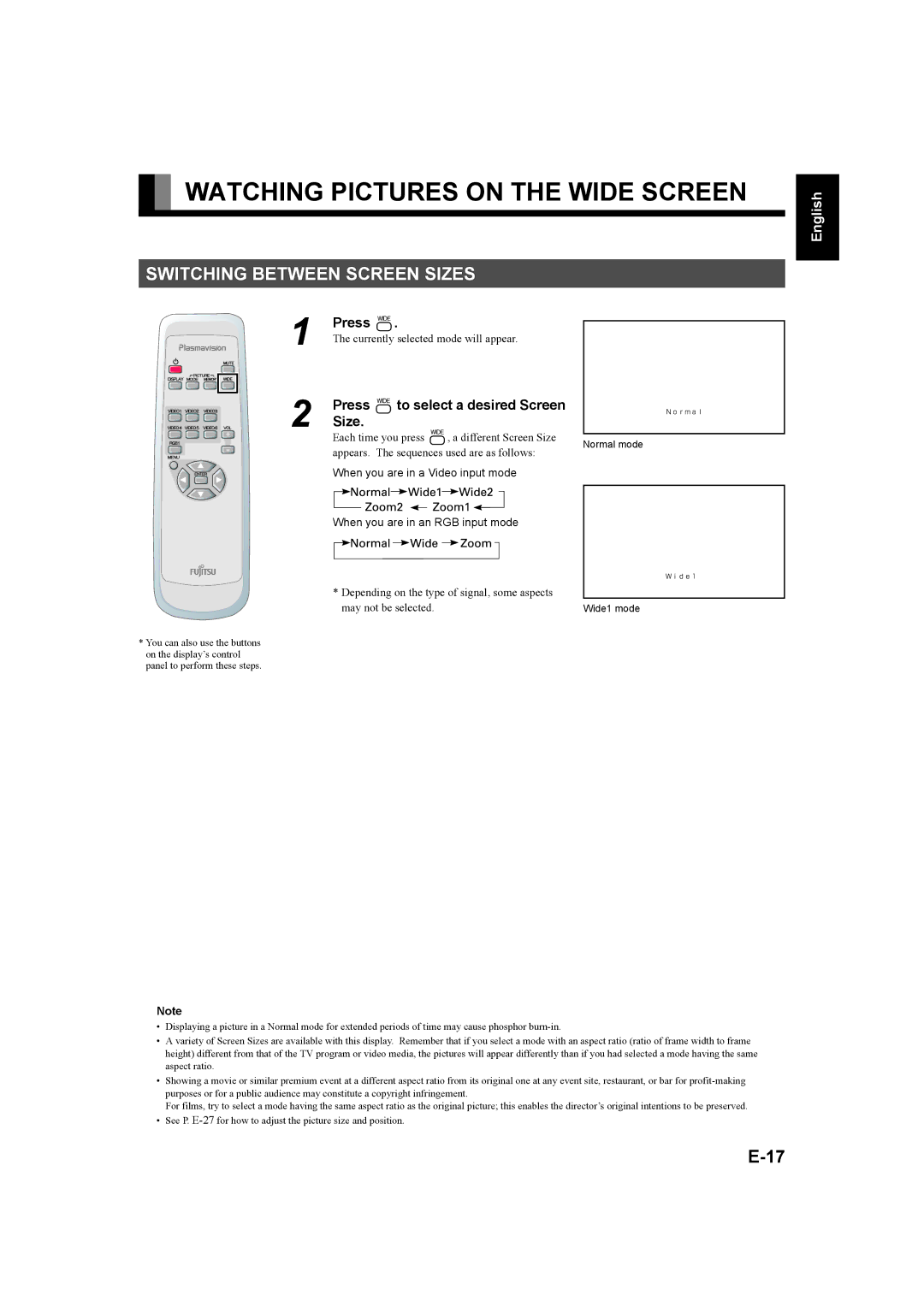 Fujitsu P50XHA58E, P42XHA58E user manual Watching Pictures on the Wide Screen, Switching Between Screen Sizes, Press  