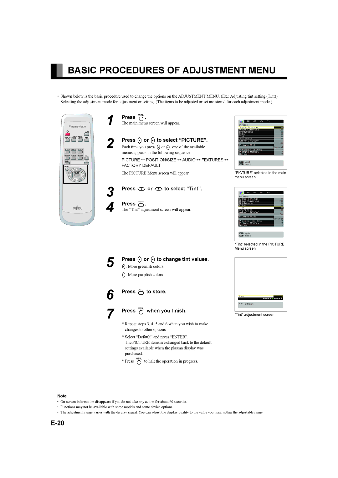 Fujitsu P42XHA58E, P50XHA58E user manual Basic Procedures of Adjustment Menu 