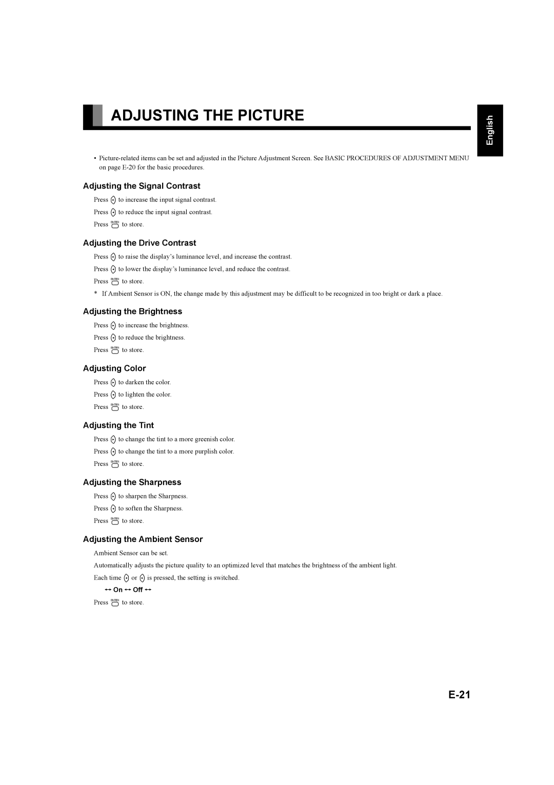 Fujitsu P50XHA58E, P42XHA58E user manual Adjusting the Picture 