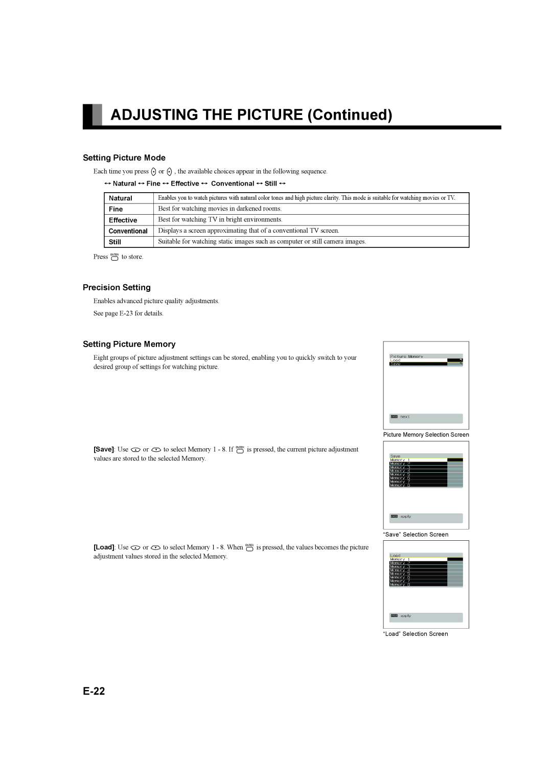 Fujitsu P42XHA58E, P50XHA58E user manual Setting Picture Mode, Precision Setting, Setting Picture Memory 