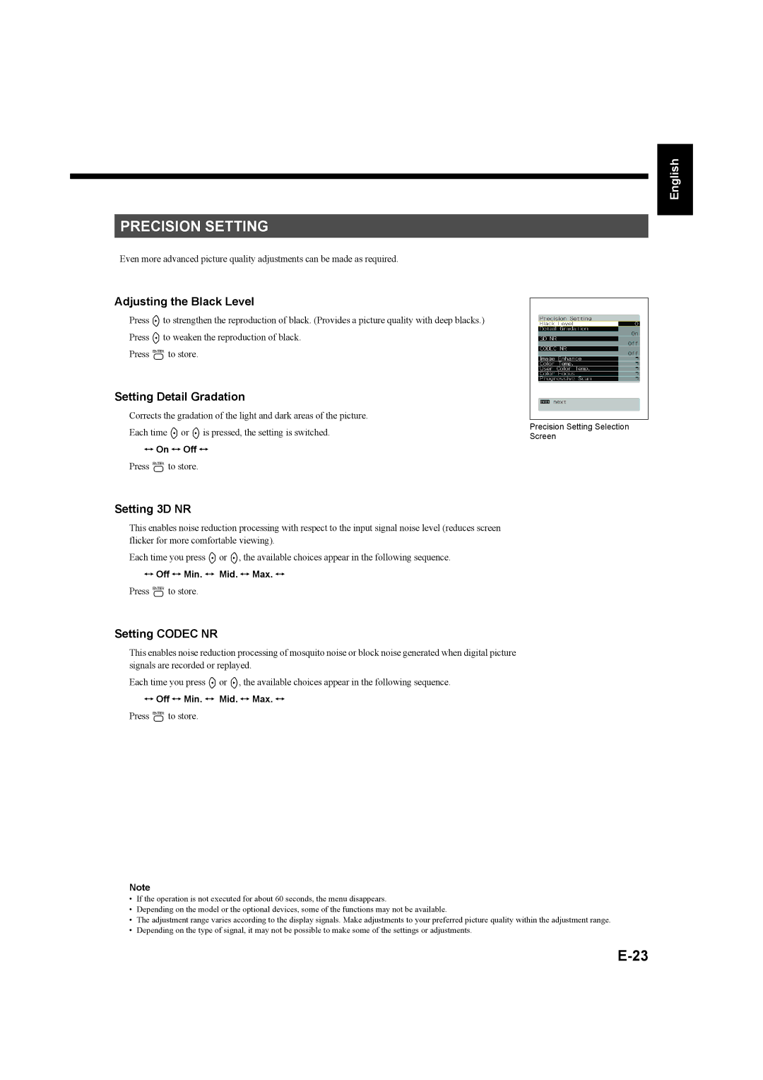 Fujitsu P50XHA58E Precision Setting, Adjusting the Black Level, Setting Detail Gradation, Setting 3D NR, Setting Codec NR 