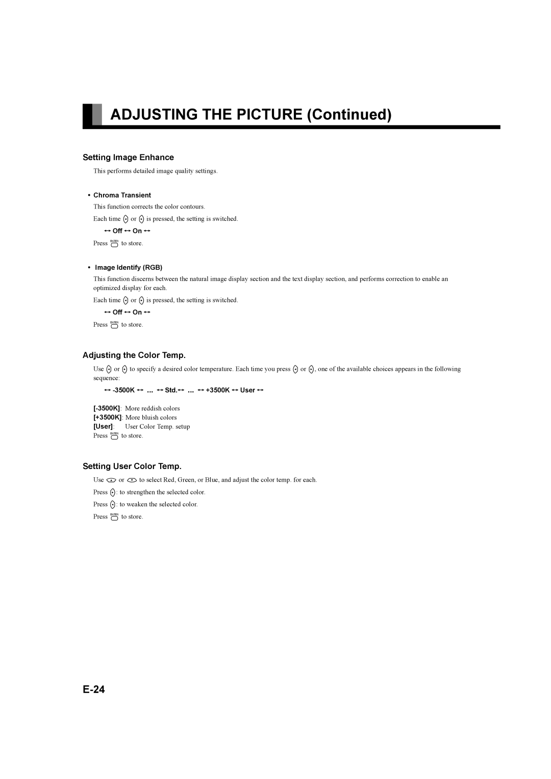 Fujitsu P42XHA58E, P50XHA58E user manual Setting Image Enhance, Adjusting the Color Temp, Setting User Color Temp 