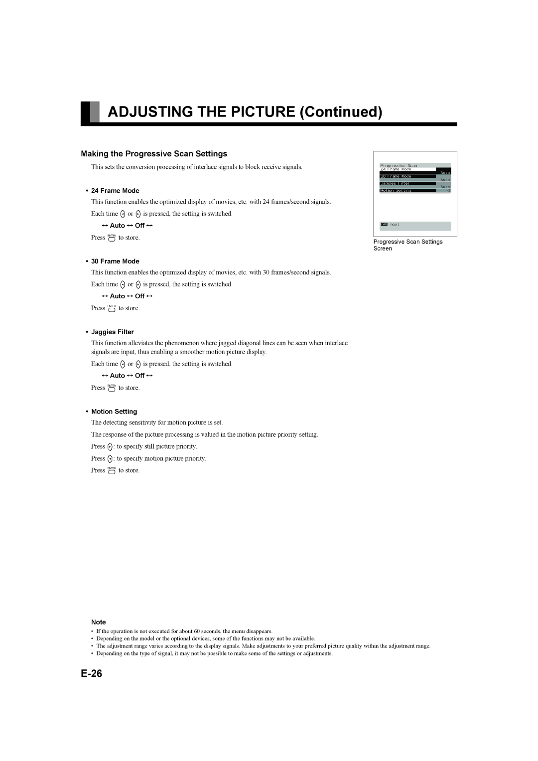 Fujitsu P42XHA58E, P50XHA58E Making the Progressive Scan Settings, Frame Mode, Auto Off, Jaggies Filter, Motion Setting 