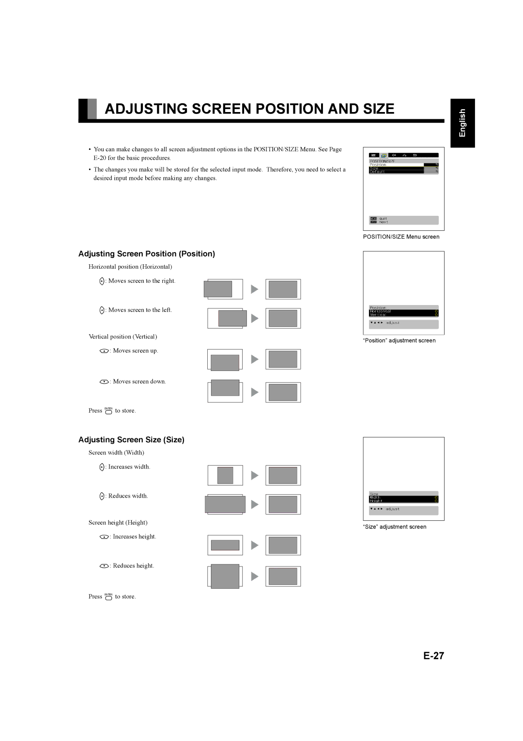 Fujitsu P50XHA58E Adjusting Screen Position and Size, Adjusting Screen Position Position, Adjusting Screen Size Size 