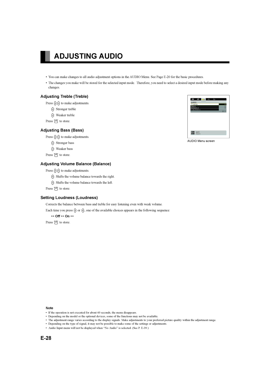 Fujitsu P42XHA58E Adjusting Audio, Adjusting Treble Treble, Adjusting Bass Bass, Adjusting Volume Balance Balance 