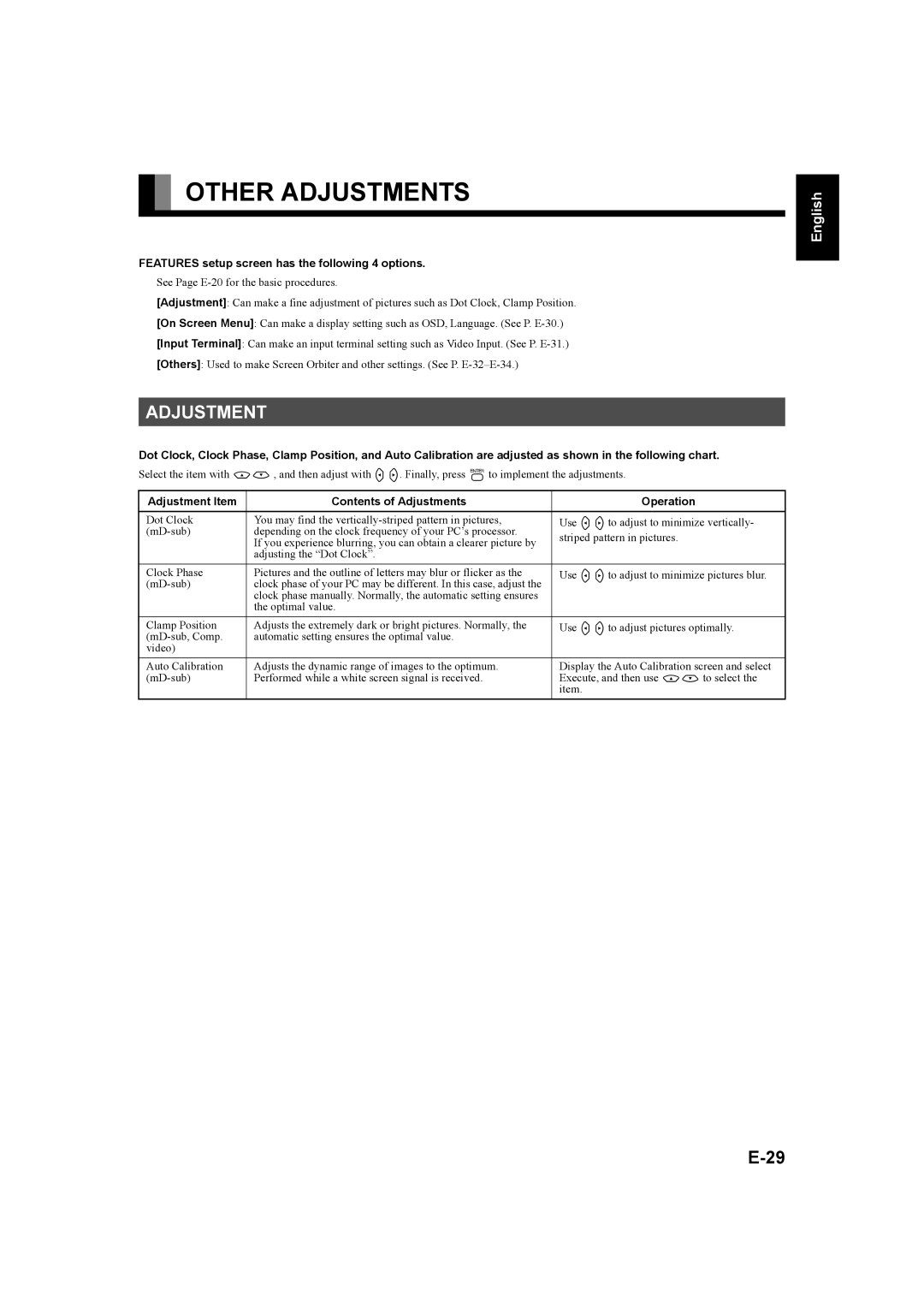 Fujitsu P50XHA58E, P42XHA58E user manual Other Adjustments, Features setup screen has the following 4 options 