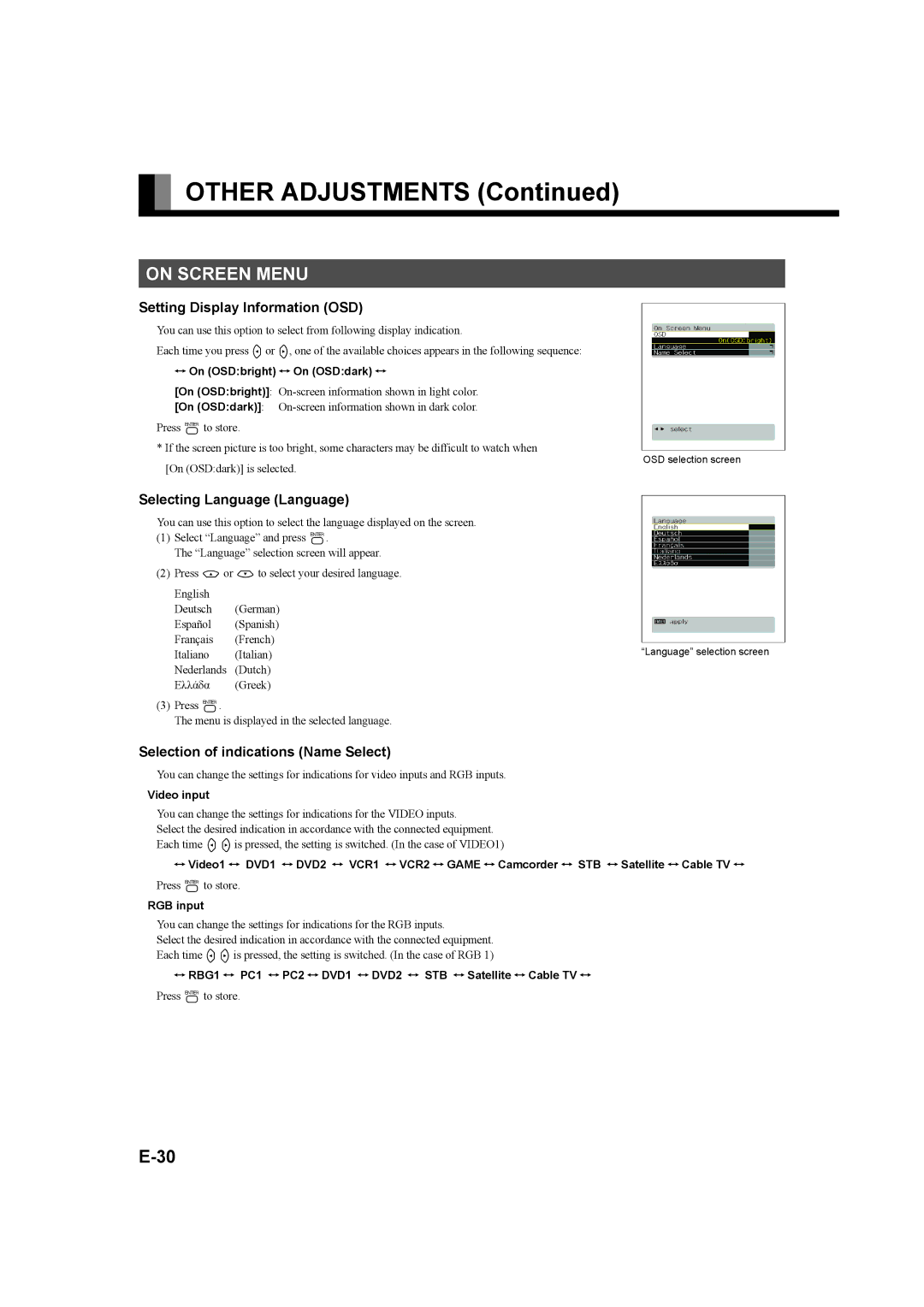 Fujitsu P42XHA58E, P50XHA58E user manual On Screen Menu, Setting Display Information OSD, Selecting Language Language 