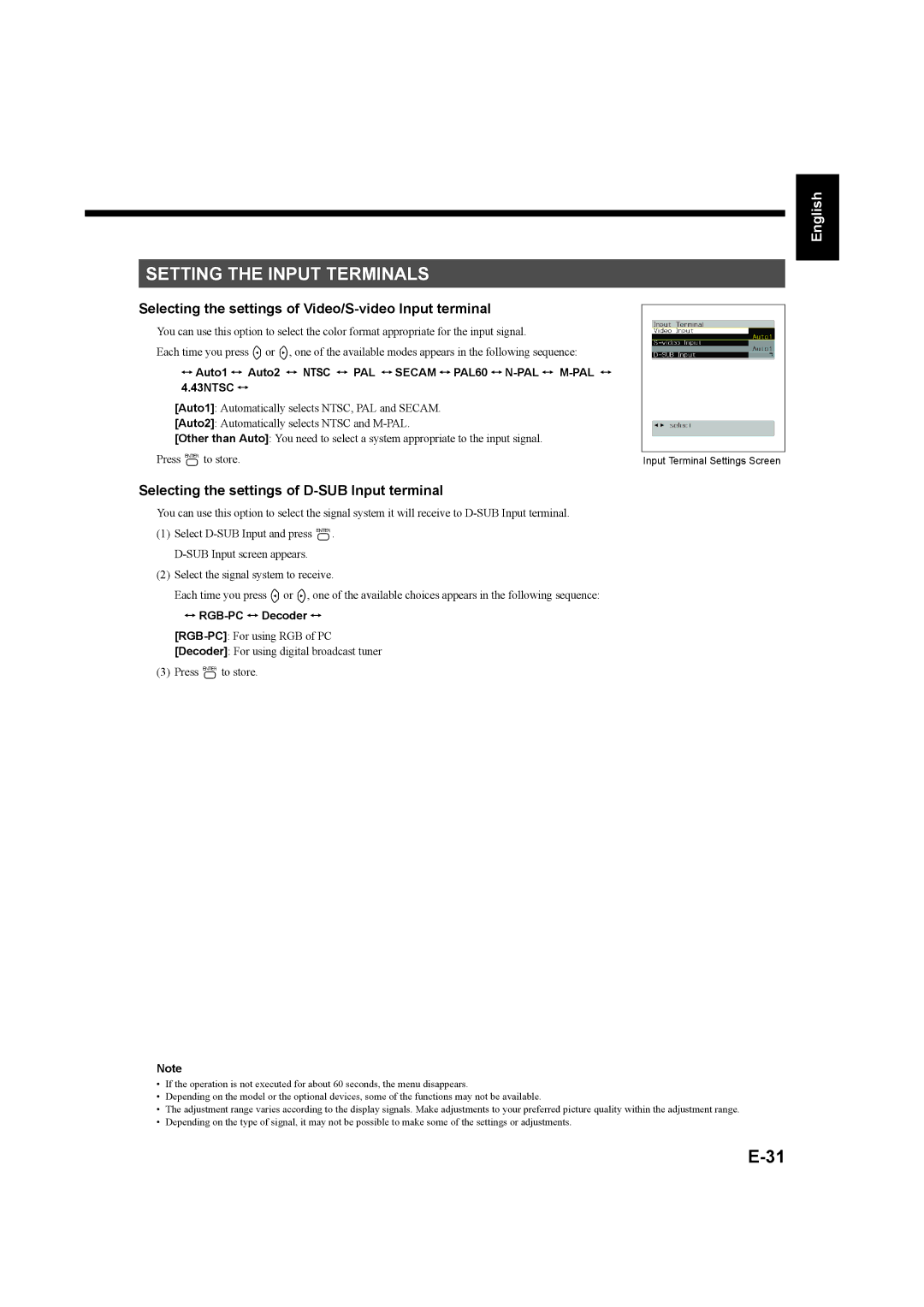 Fujitsu P50XHA58E Setting the Input Terminals, Selecting the settings of Video/S-video Input terminal, RGB-PC Decoder 