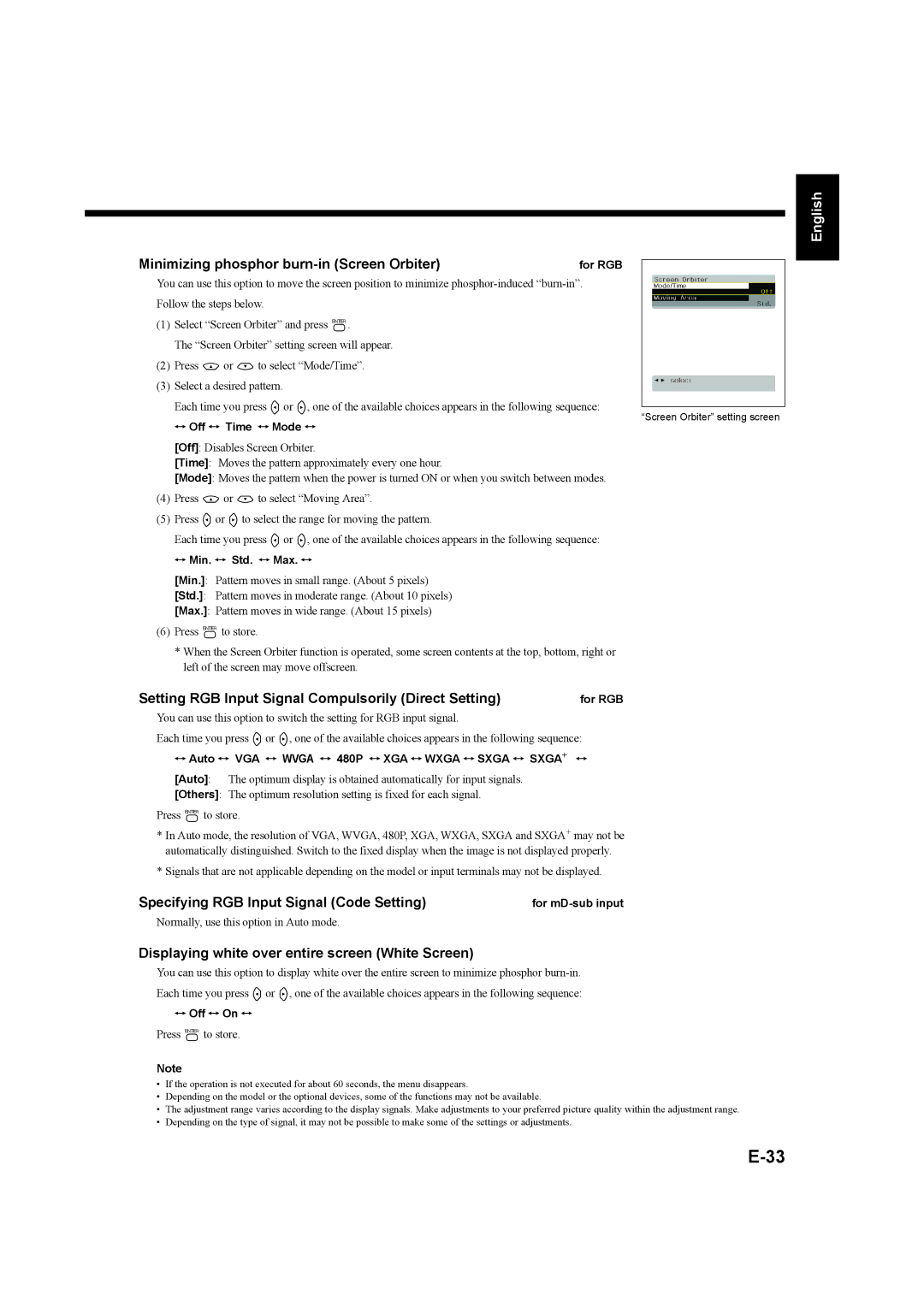 Fujitsu P50XHA58E Minimizing phosphor burn-in Screen Orbiter, Setting RGB Input Signal Compulsorily Direct Setting 