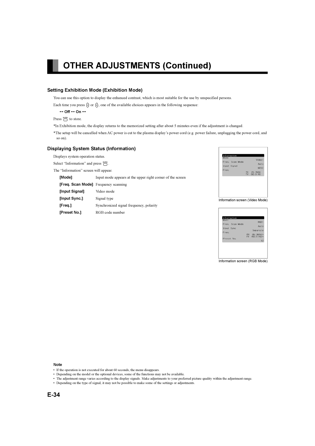 Fujitsu P42XHA58E, P50XHA58E user manual Setting Exhibition Mode Exhibition Mode, Displaying System Status Information 