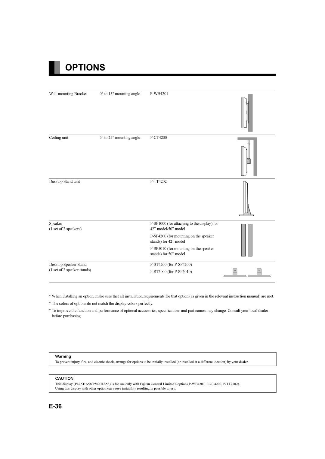 Fujitsu P42XHA58E, P50XHA58E user manual Options 