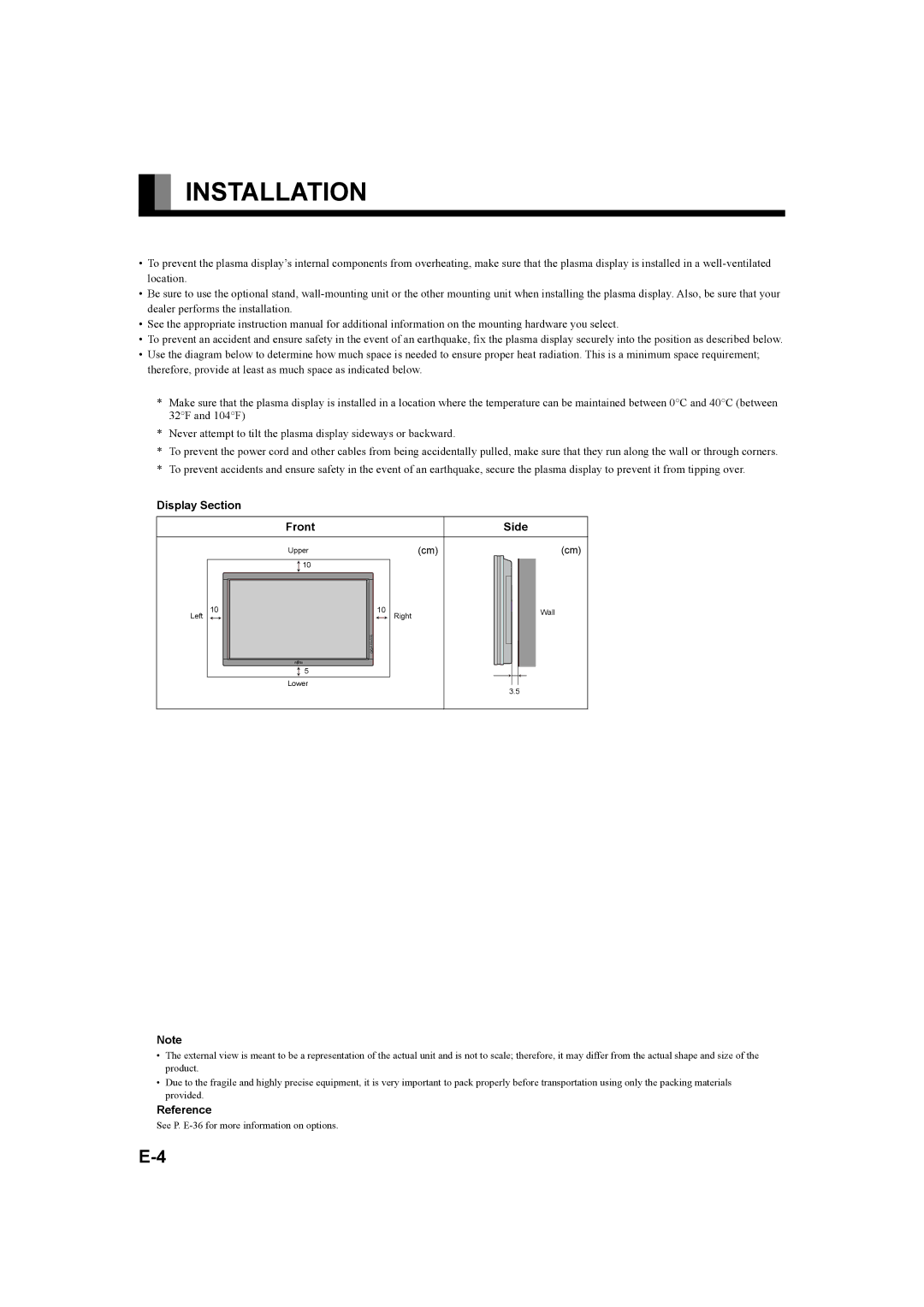 Fujitsu P42XHA58E, P50XHA58E user manual Installation, Display Section Front Side, Reference 