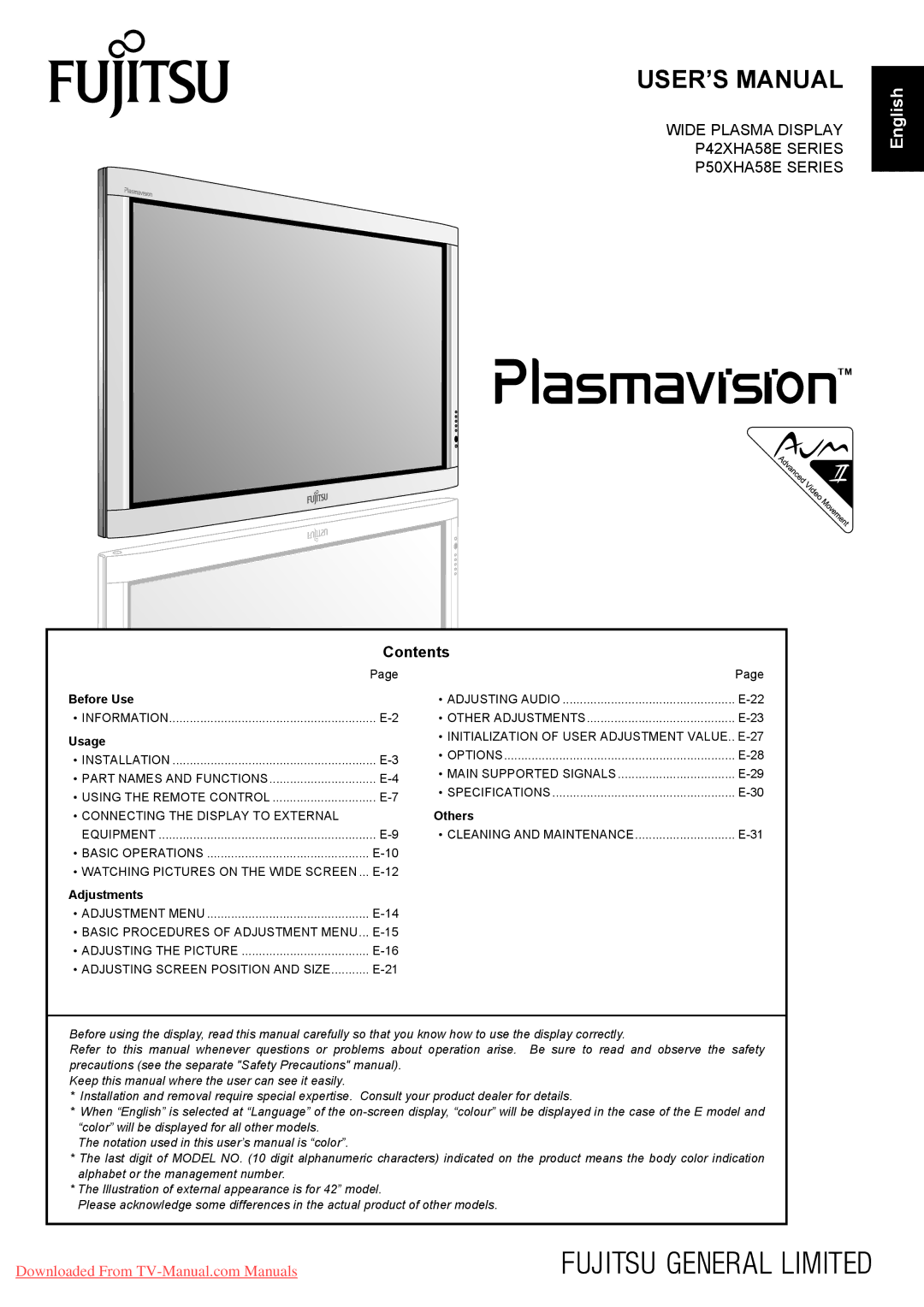 Fujitsu P50XHA58E, P42XHA58E user manual USER’S Manual 