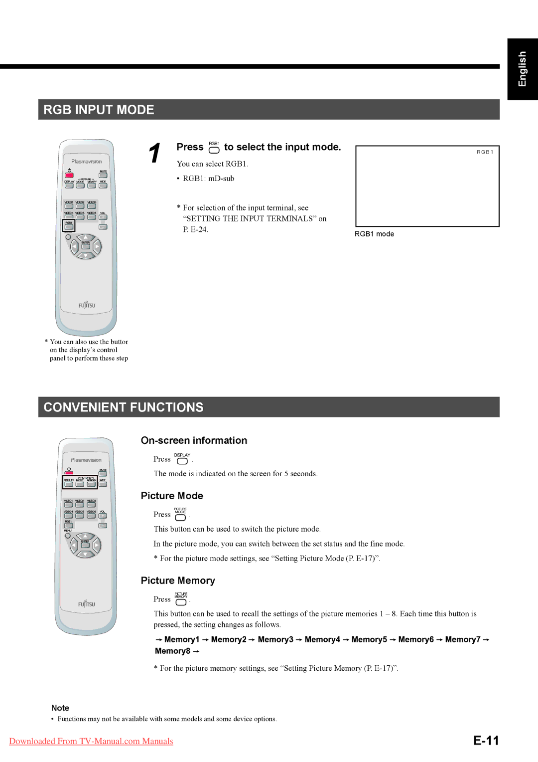 Fujitsu P50XHA58E, P42XHA58E RGB Input Mode, Convenient Functions, Press to select the input mode, On-screen information 