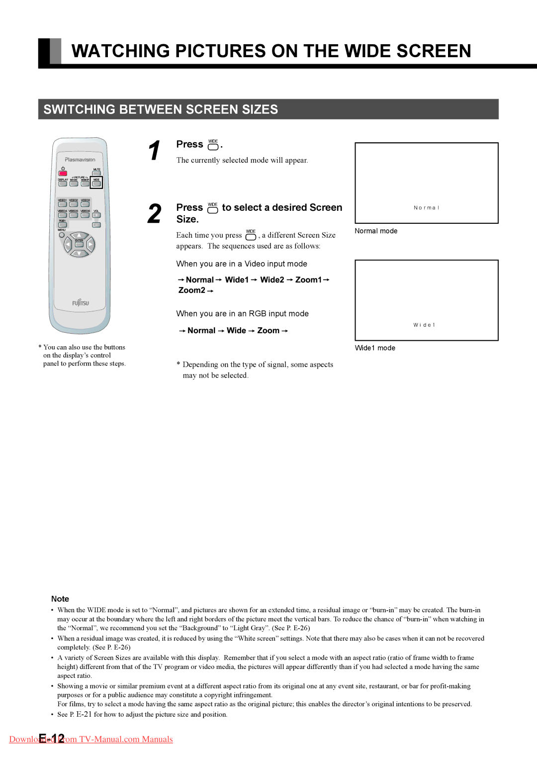 Fujitsu P42XHA58E, P50XHA58E user manual Watching Pictures on the Wide Screen, Switching Between Screen Sizes, Press  