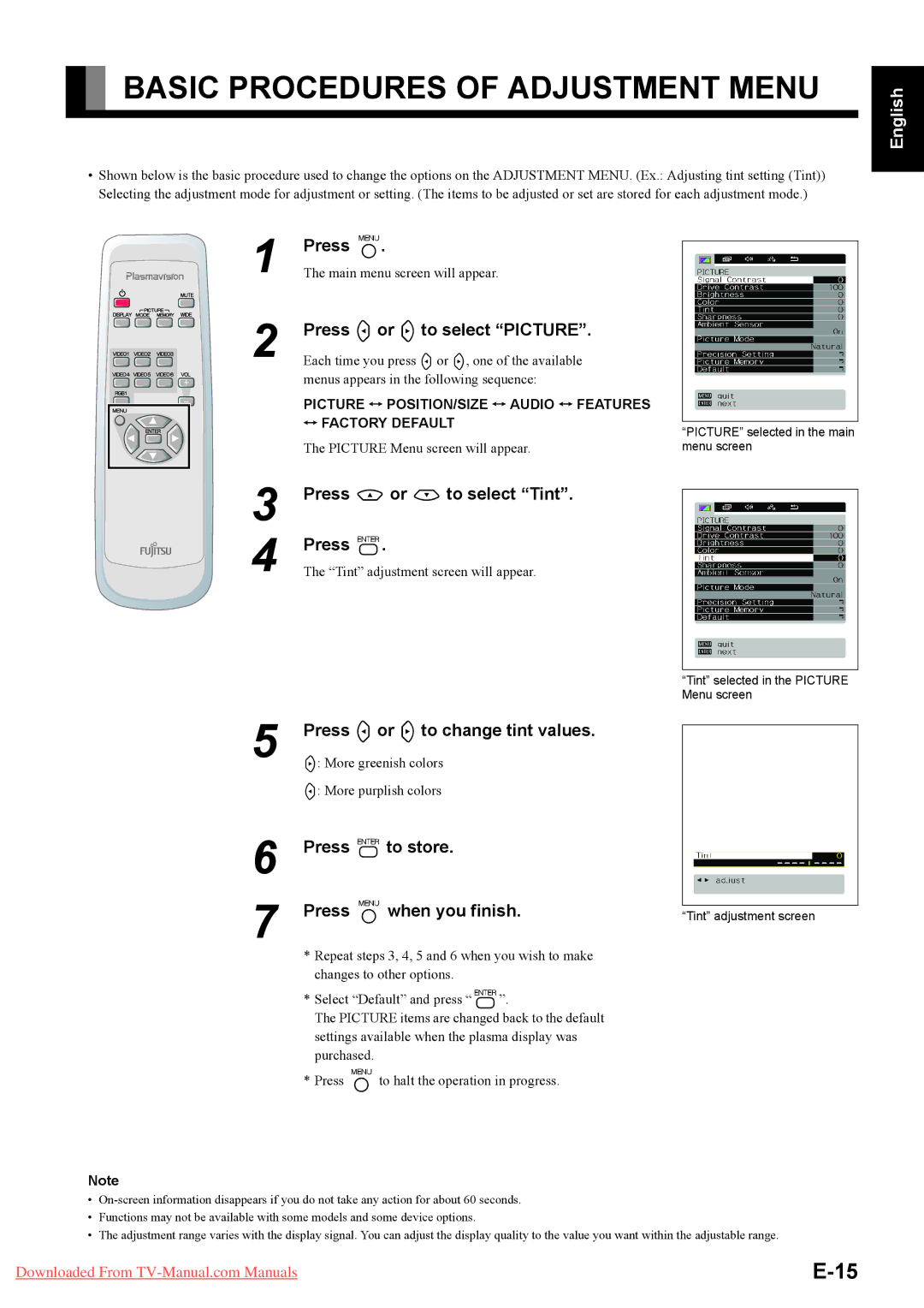 Fujitsu P50XHA58E, P42XHA58E user manual Basic Procedures of Adjustment Menu 