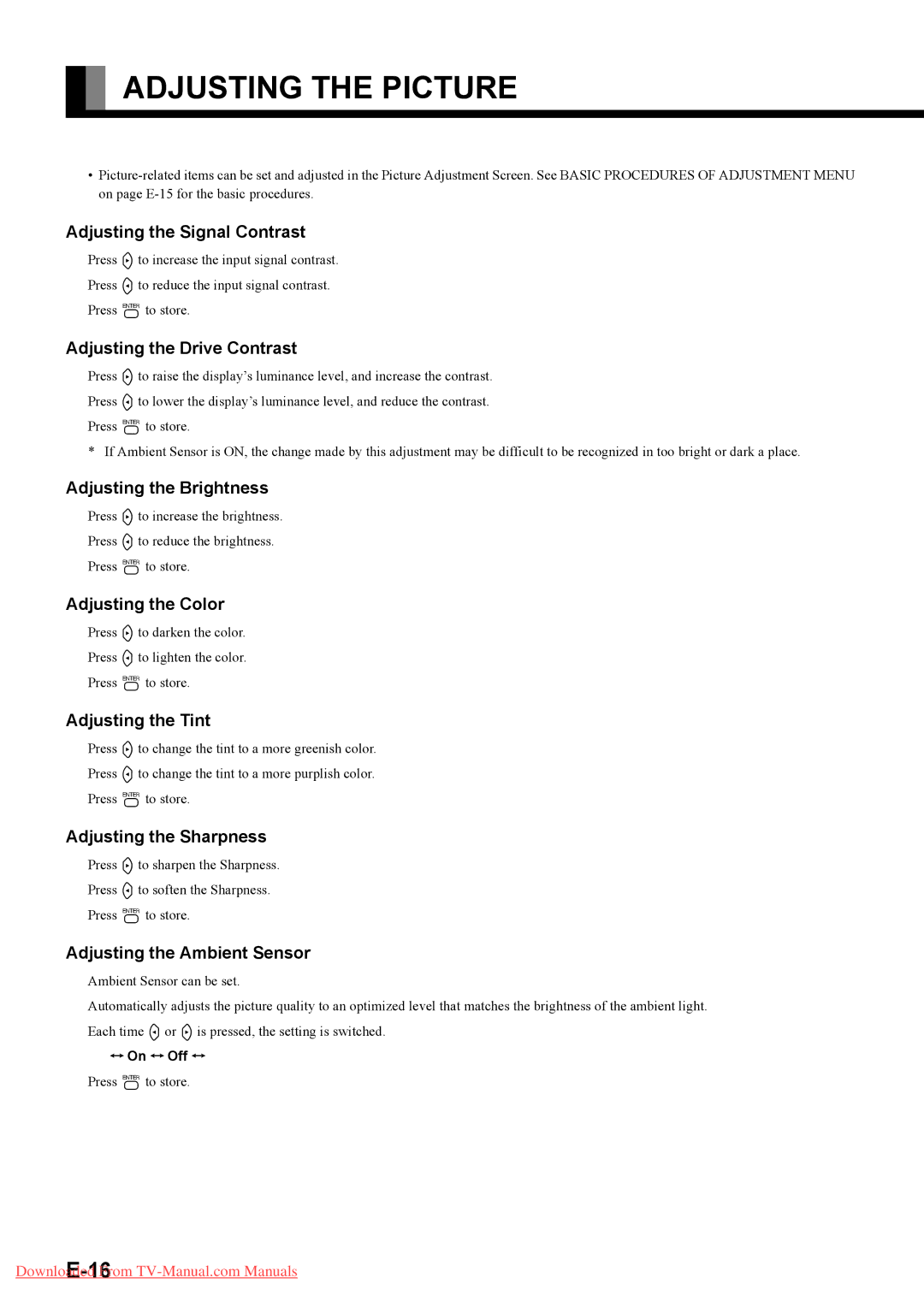 Fujitsu P42XHA58E, P50XHA58E user manual Adjusting the Picture 