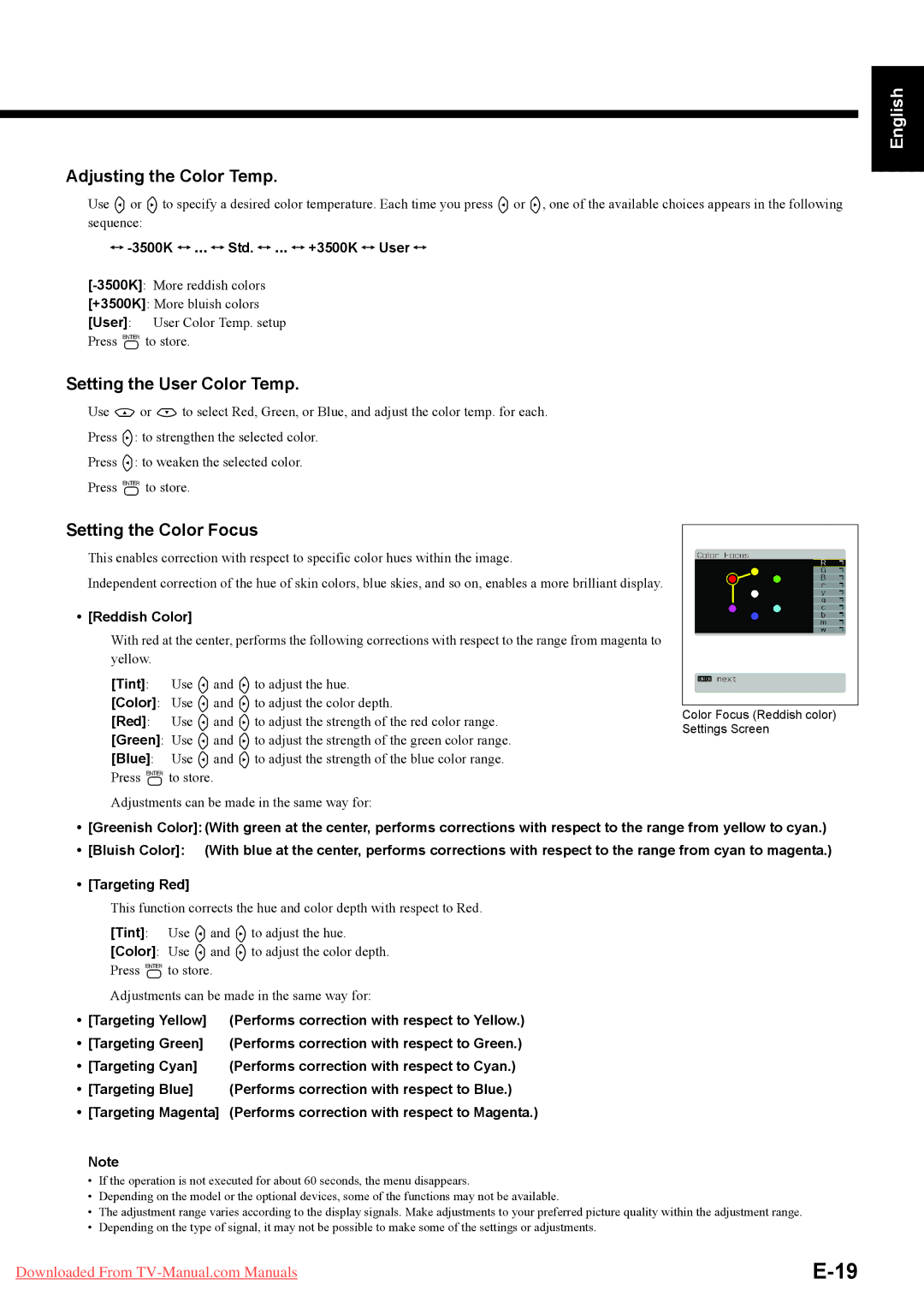 Fujitsu P50XHA58E, P42XHA58E user manual Adjusting the Color Temp, Setting the User Color Temp, Setting the Color Focus 