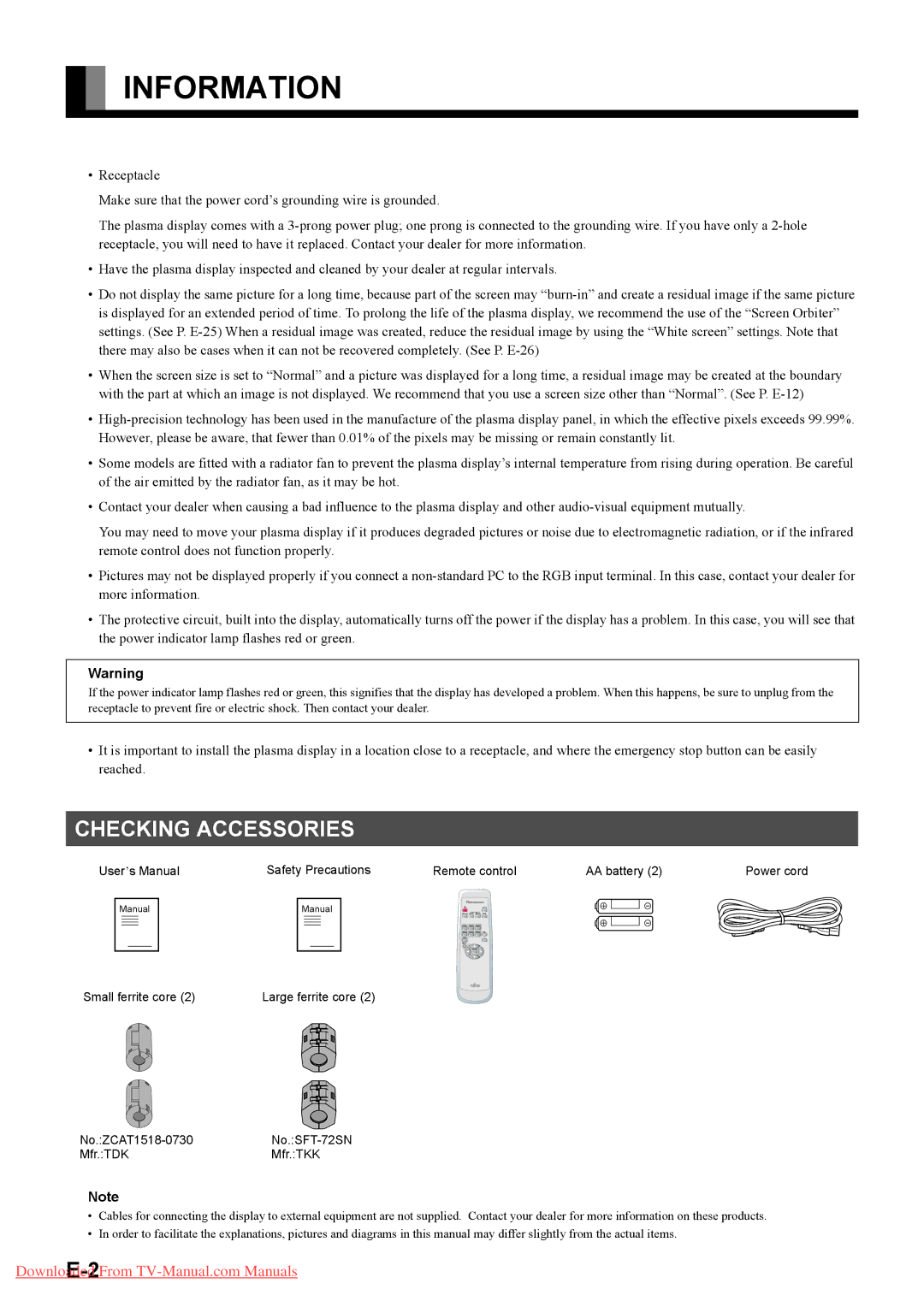 Fujitsu P42XHA58E, P50XHA58E user manual Information, Checking Accessories 