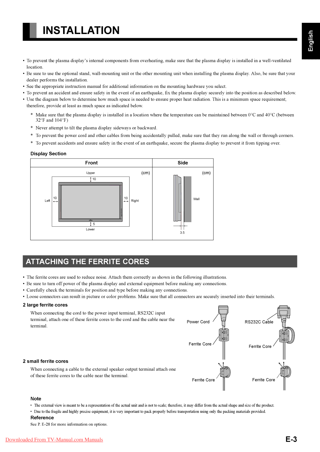 Fujitsu P50XHA58E, P42XHA58E user manual Installation, Attaching the Ferrite Cores 