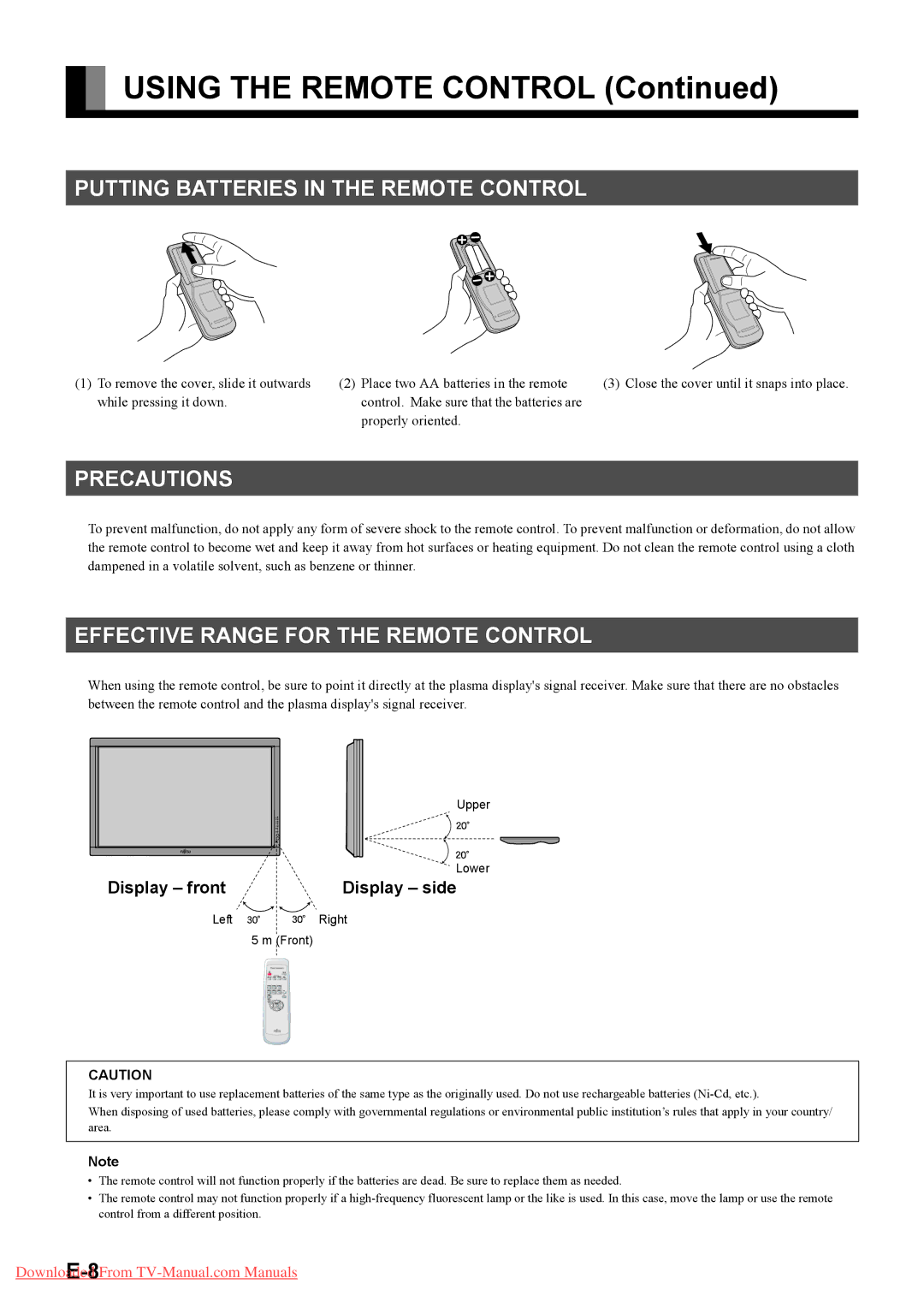 Fujitsu P42XHA58E, P50XHA58E Putting Batteries in the Remote Control, Precautions, Effective Range for the Remote Control 