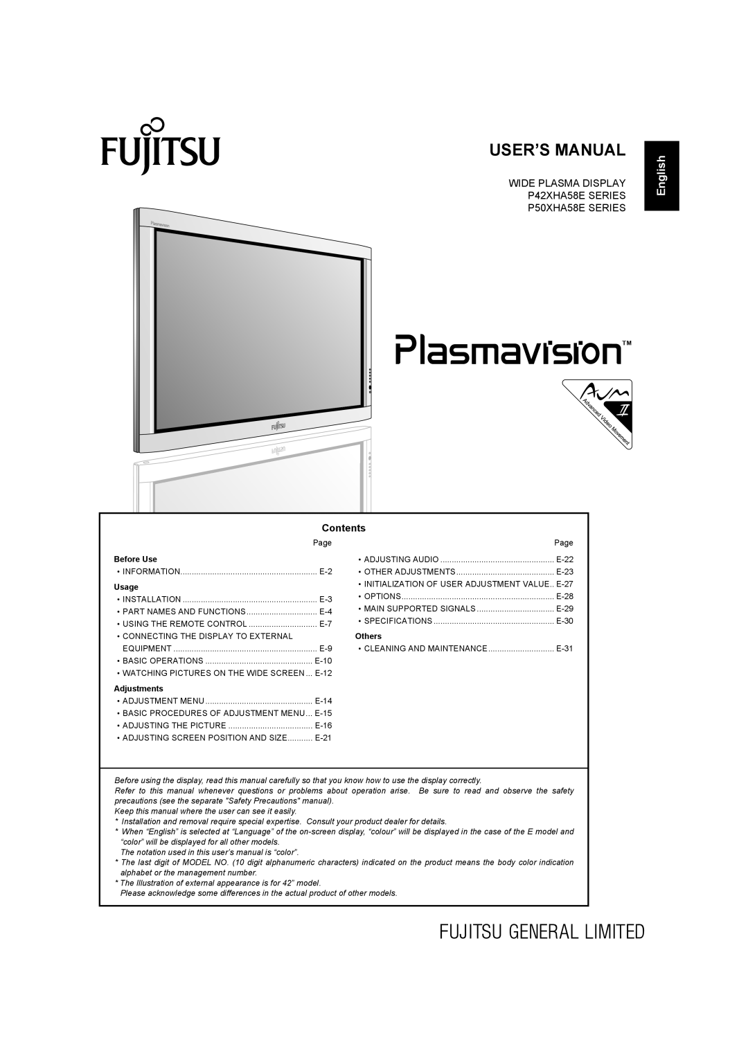 Fujitsu P42XHA58E Series, P50XHA58E Series user manual USER’S Manual 