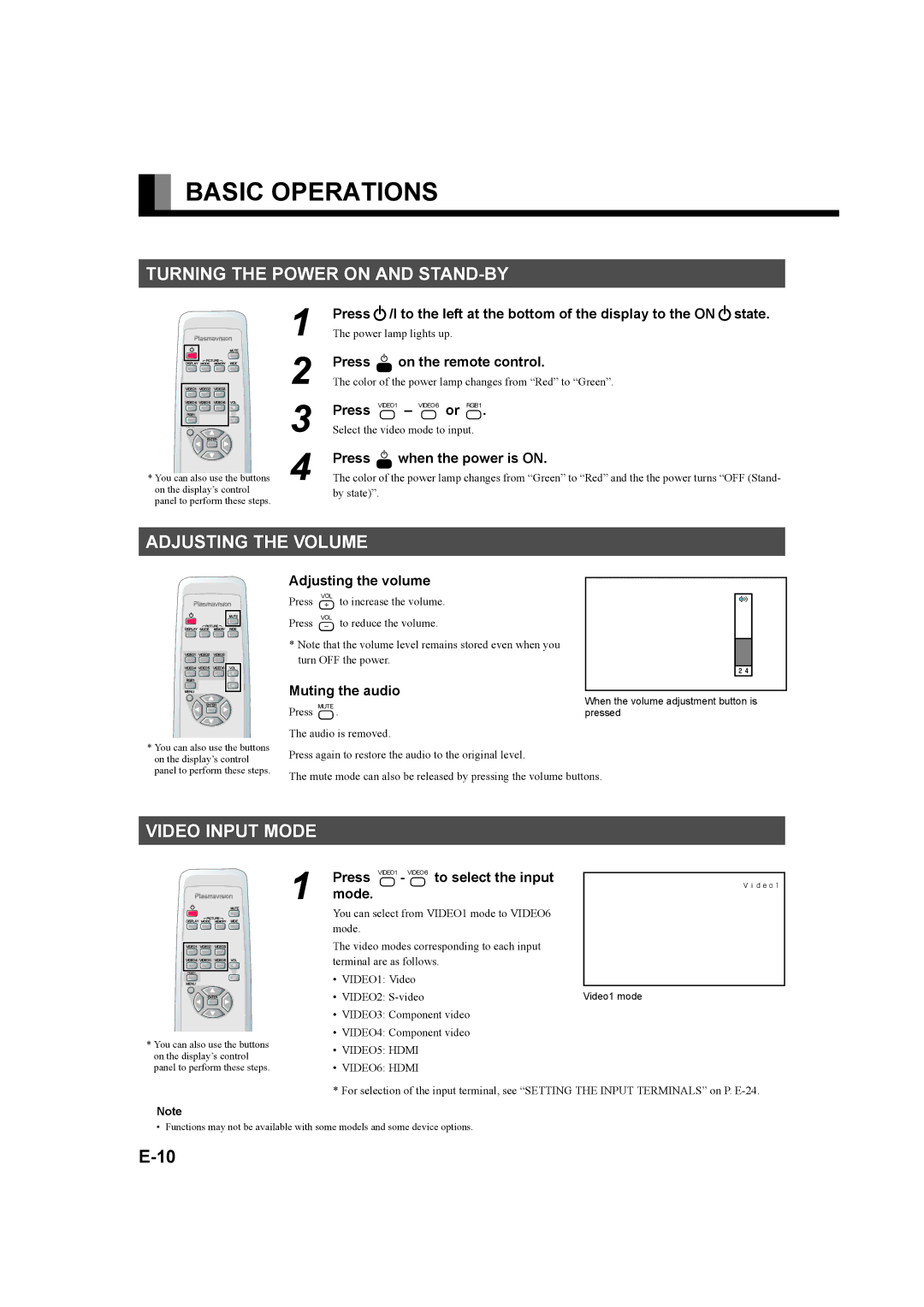 Fujitsu P42XHA58E Series, P50XHA58E Series Basic Operations, Turning the Power on and STAND-BY, Adjusting the Volume 