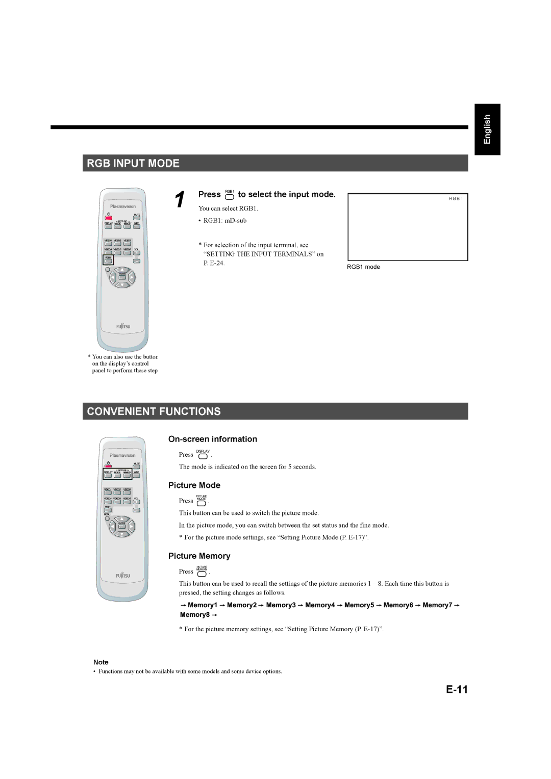 Fujitsu P42XHA58E Series, P50XHA58E Series user manual RGB Input Mode, Convenient Functions, Press to select the input mode 