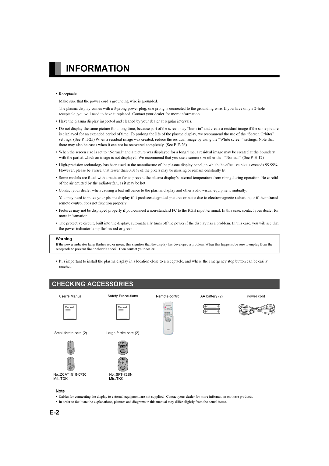 Fujitsu P42XHA58E Series, P50XHA58E Series user manual Information, Checking Accessories 