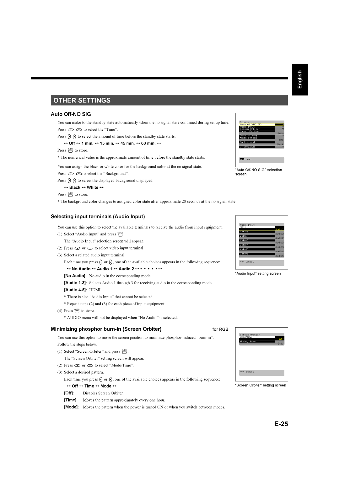 Fujitsu P42XHA58E Series, P50XHA58E Series Other Settings, Auto Off-NO SIG, Selecting input terminals Audio Input 