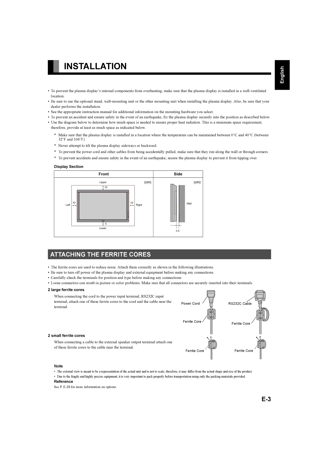 Fujitsu P42XHA58E Series, P50XHA58E Series user manual Installation, Attaching the Ferrite Cores 