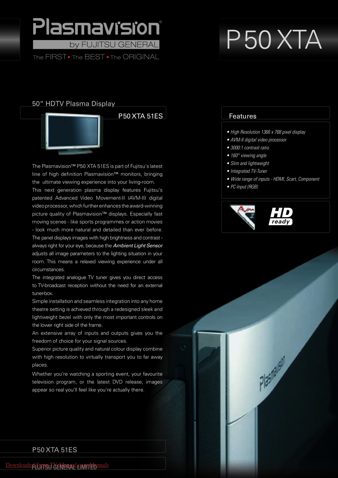 Fujitsu P50 XTA 51ES manual Downloaded From TV-Manual.com Manuals, 50“ HDTV Plasma Display, Features, PC-Input RGB 