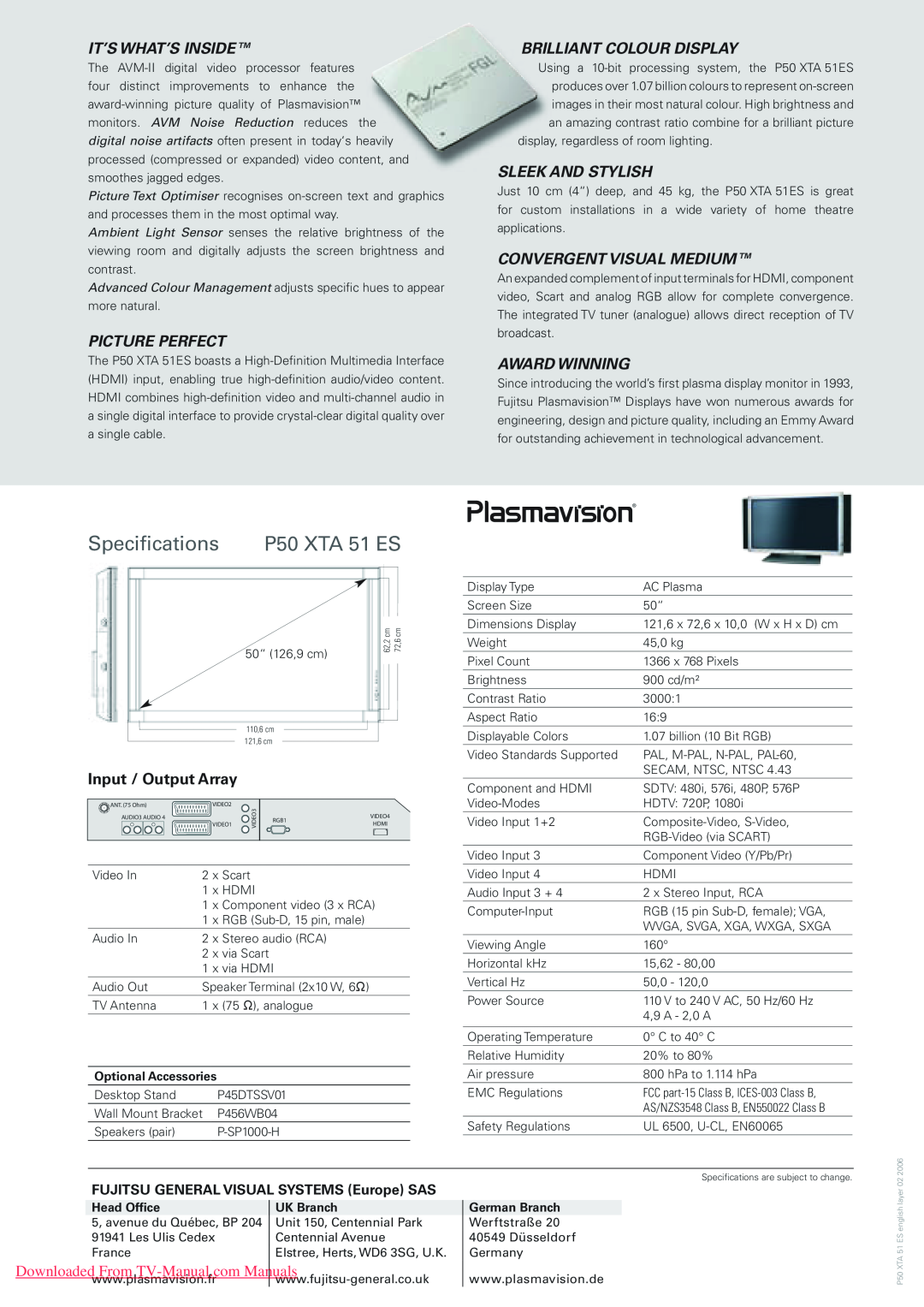 Fujitsu P50 XTA 51ES Downloaded From TV-Manual.com Manuals, Specifications, P50 XTA 51 ES, It’S What’S Inside, Head Office 
