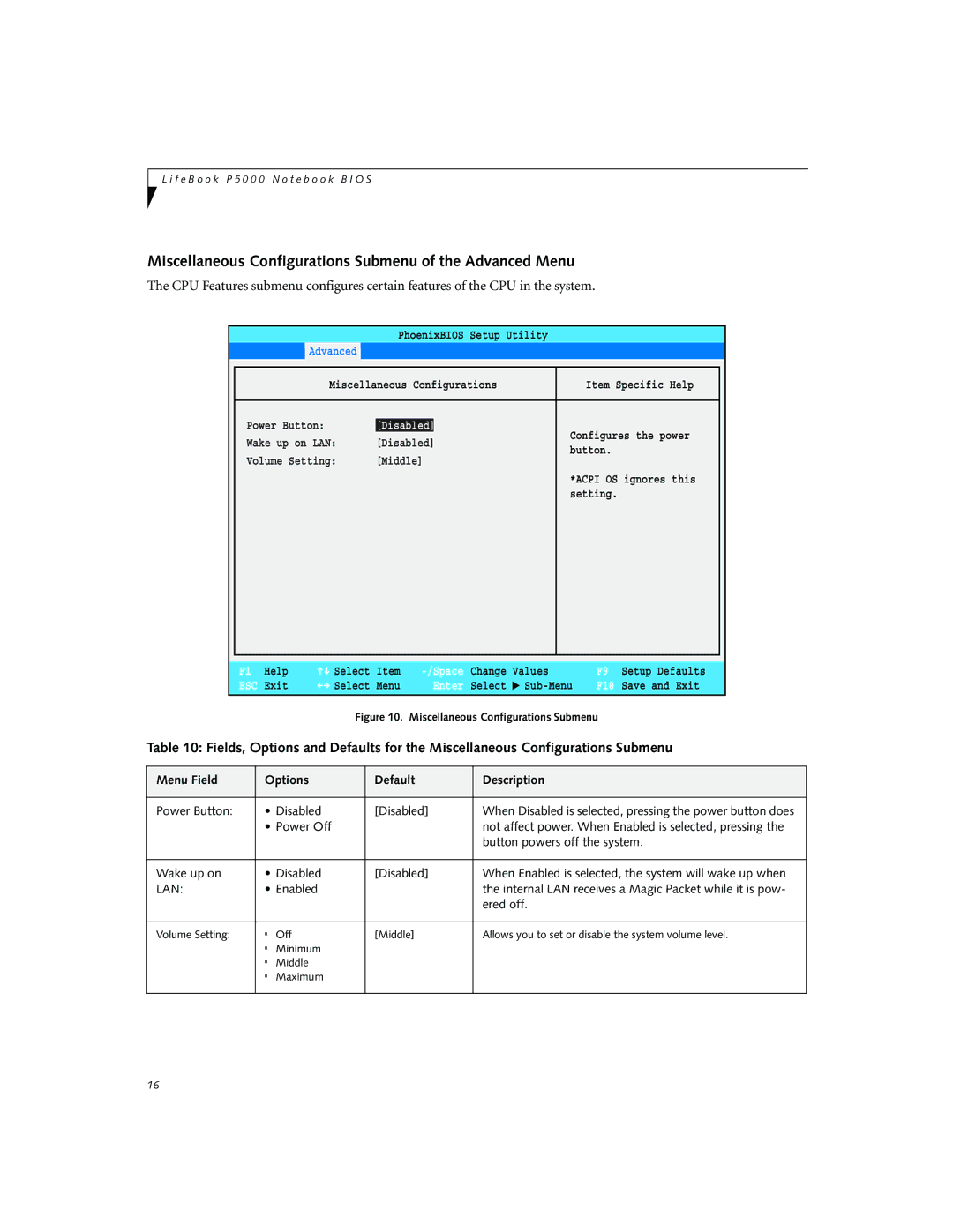 Fujitsu P5010D manual Miscellaneous Configurations Submenu of the Advanced Menu, Power Button Disabled, Power Off 