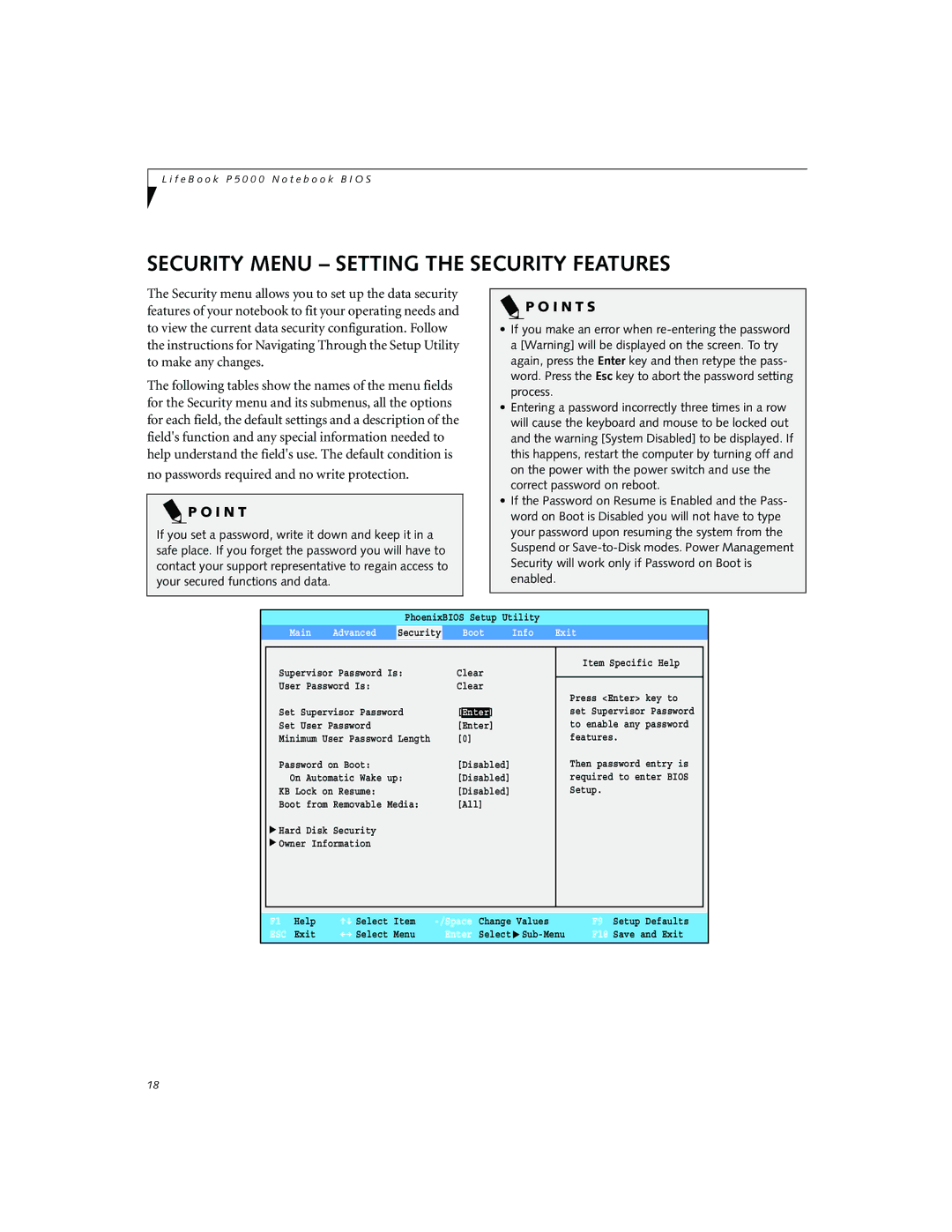 Fujitsu P5010D manual Security Menu Setting the Security Features, Boot Info Exit 