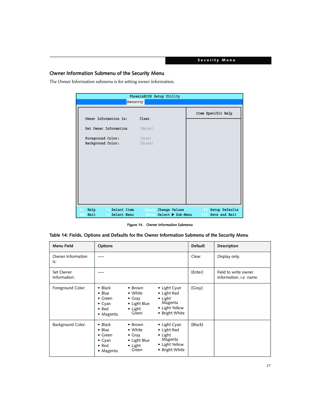 Fujitsu P5010D Owner Information Submenu of the Security Menu, Owner Information submenu is for setting owner information 