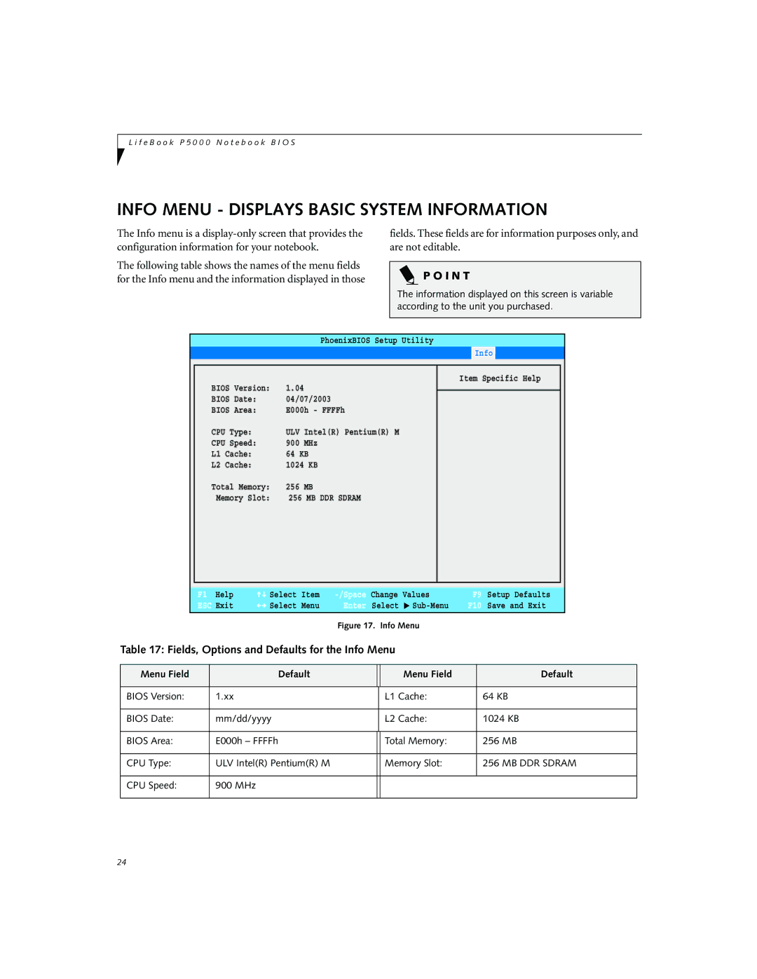 Fujitsu P5010D manual Info Menu Displays Basic System Information, Fields, Options and Defaults for the Info Menu 