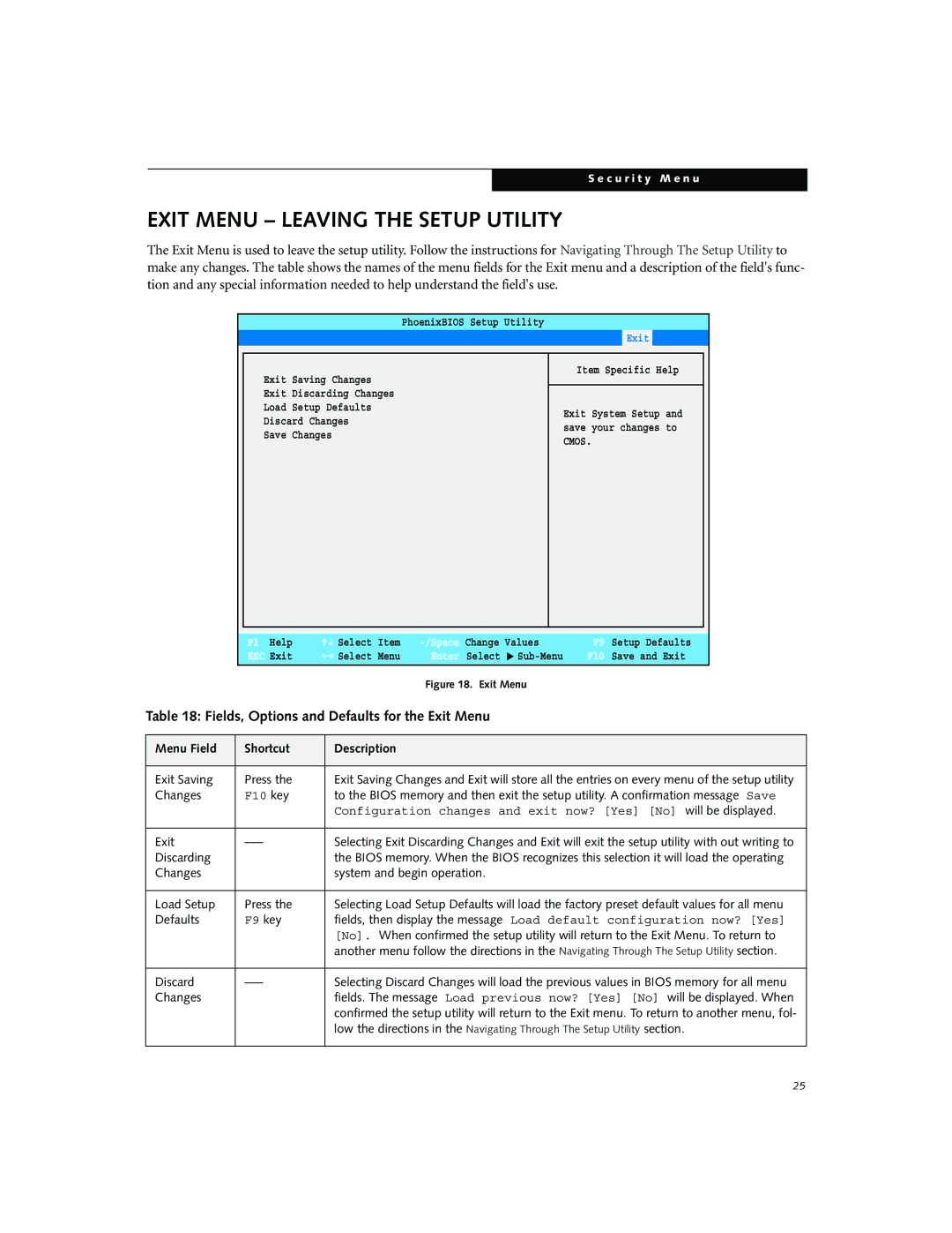 Fujitsu P5010D manual Exit Menu Leaving the Setup Utility, Fields, Options and Defaults for the Exit Menu 