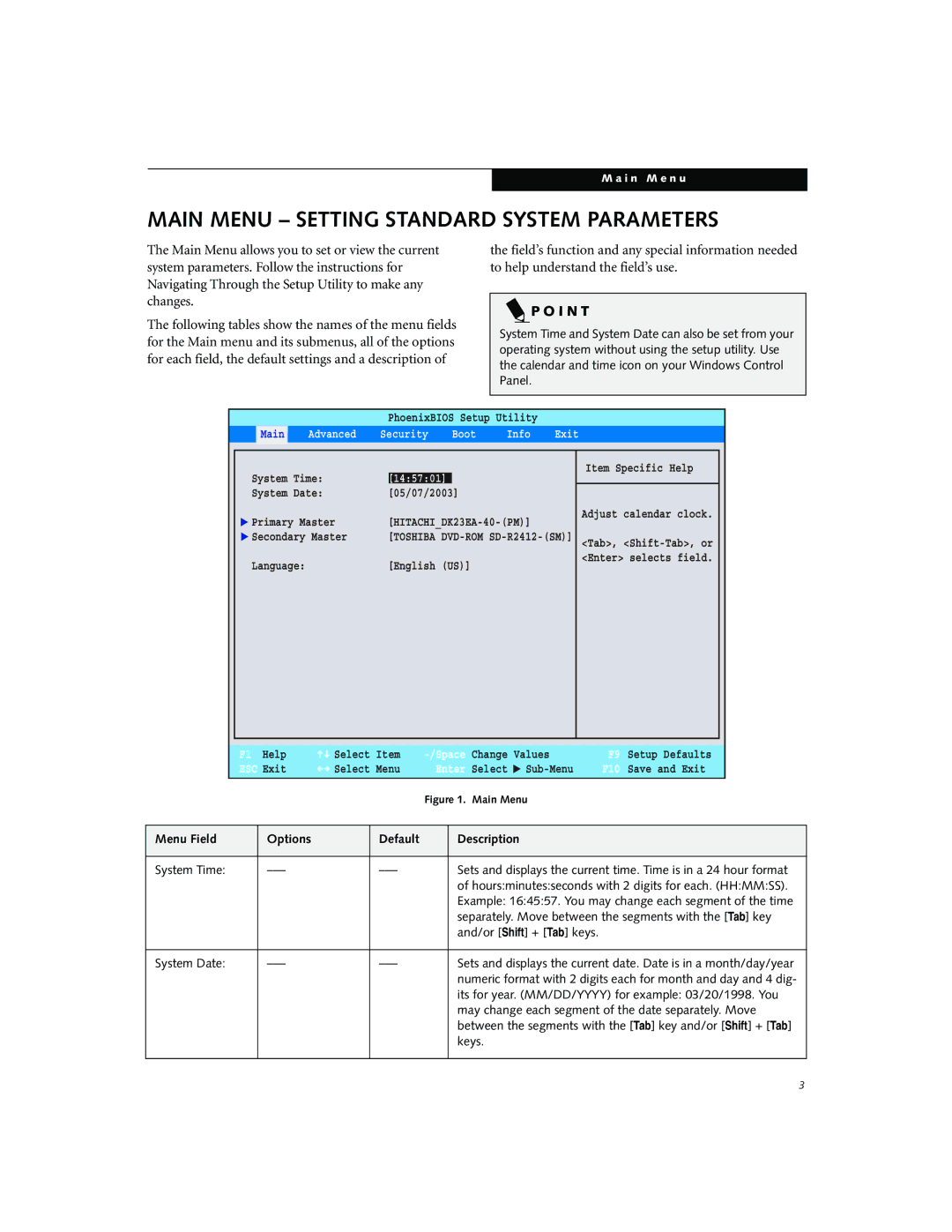 Fujitsu P5010D manual Main Menu Setting Standard System Parameters 