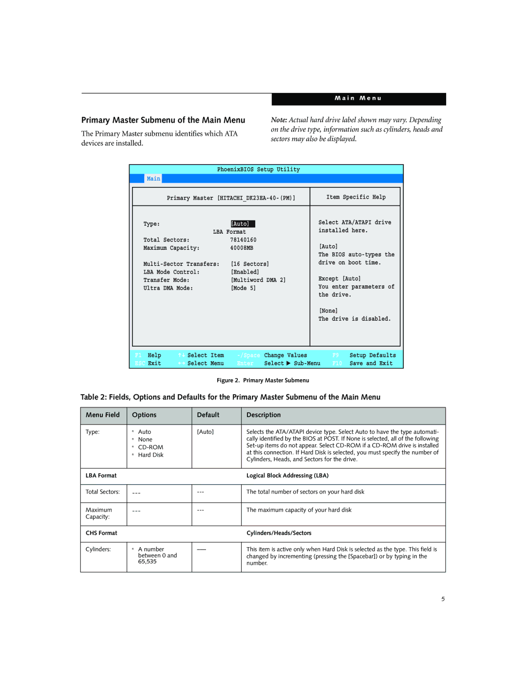 Fujitsu P5010D manual Primary Master Submenu of the Main Menu, Exit 