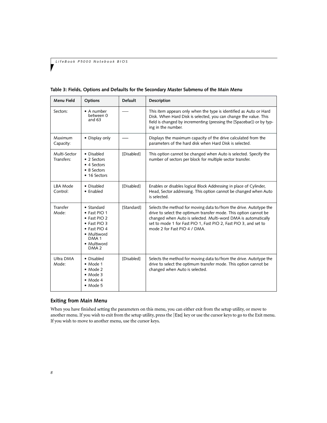 Fujitsu P5010D manual Exiting from Main Menu, Ing in the number, Is selected, Transfer Standard, Ultra DMA Disabled 